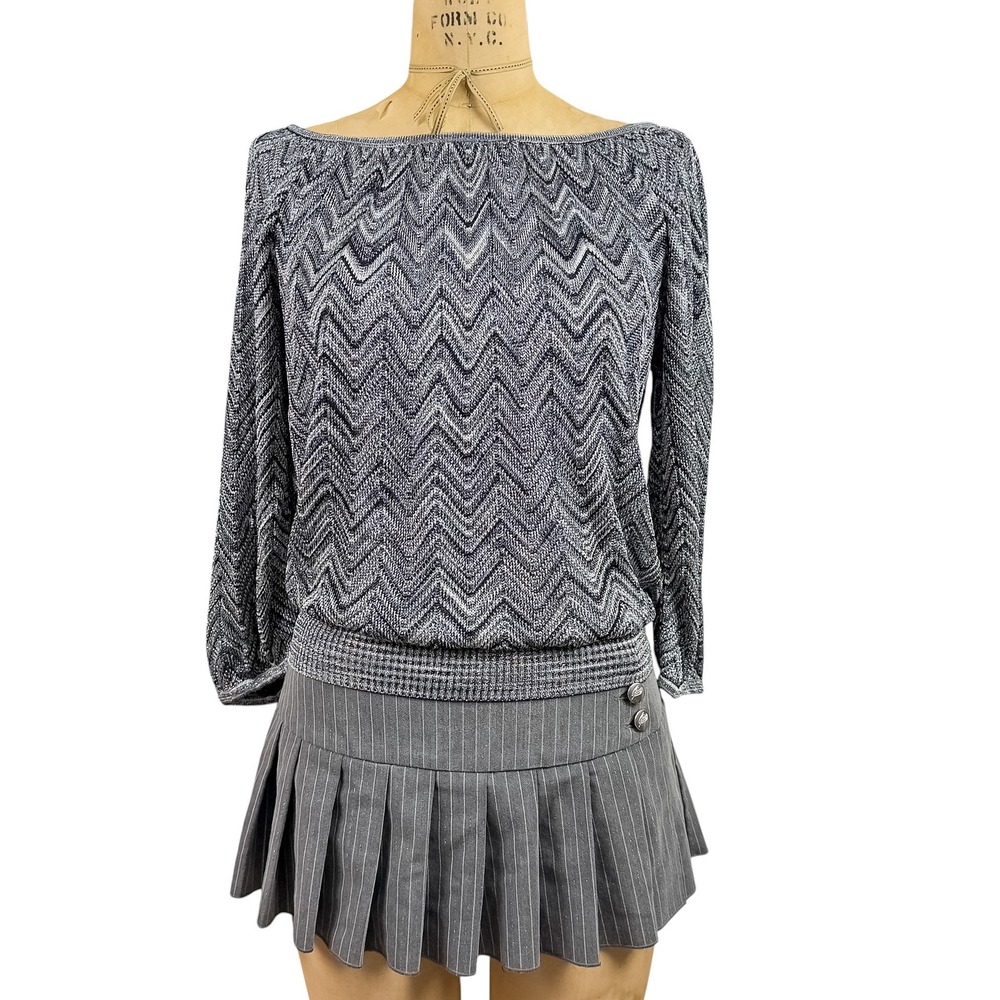 Whimsigoth Metallic Zigzag Sweater Banded Blouson Hem Draped Festive Cyber M